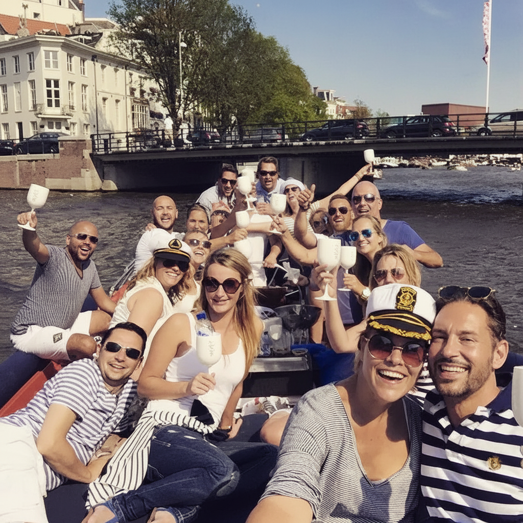 Proosten met drankjes op de sloep